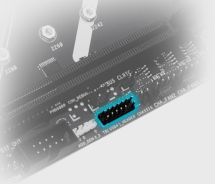 B650E MAX GAMING WIFI M.2 NVMe SSD tırnak tutucu ile anakart üzerinde detaylı gövde görüntüsü.