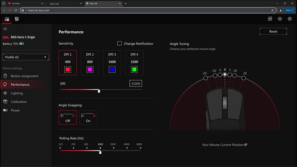 DPI ayarları ve oyun performans optimizasyonu aracını gösteren oyun mouse ayar ekranı, hassasiyet, açı yakalama ve polling rate ayarlarıyla profesyonel gaming mouse konfigürasyonu.