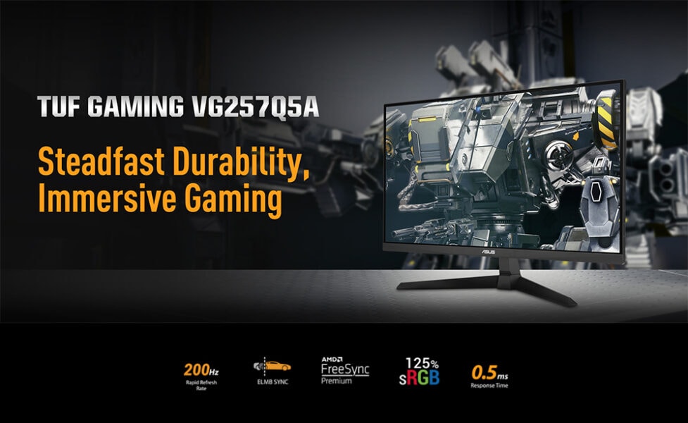 TUF Gaming VG257Q5A Yüksek kaliteli TUF Gaming VG257Q5A monitör, dayanıklılık ve sürükleyici oyun deneyimi için tasarlandı, üstün görsel performans ve 200Hz yenileme hızıyla öne çıkar.