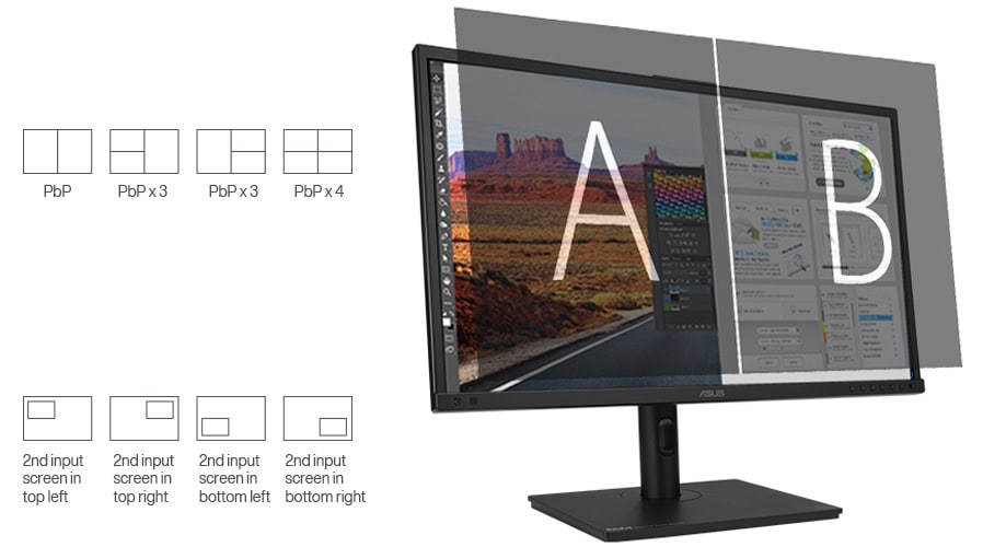 ProArt Display OLED PA27DCE-K Küçük kırmızı ve beyaz grafiklerle donatılmış iki adet ekran ve detaylı veri analizleri ve grafiklerle çalışan bilgisayar ekranı, çift ekranlı çoklu kullanım özellikleri.