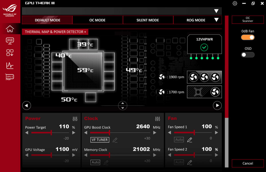 ROG Astral GeForce RTX™ 5090 32GB GDDR7 WHITE OC Edition GPU Tweak III ekran görüntüsü, oyun ve grafik performansını optimize etmek için kullanıcı dostu bir arayüzelidir. Temel ayarları ve fan hızlarını kontrol ederek performansı artırabilir.