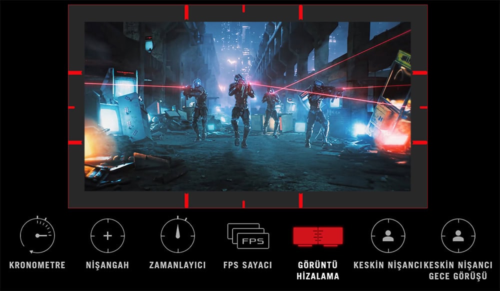 ROG Swift OLED PG32UCDMZ Yapay zeka ve bilgisayar oyunu görüntüsü, kırmızı lazer ateşleriyle savaşan askerler, yüksek teknolojili savaş alanı, FPS oyun ayarları, grafik ve görüntü kalibrasyonu, oyun optimizasyonu, detaylı ekran ayarları.
