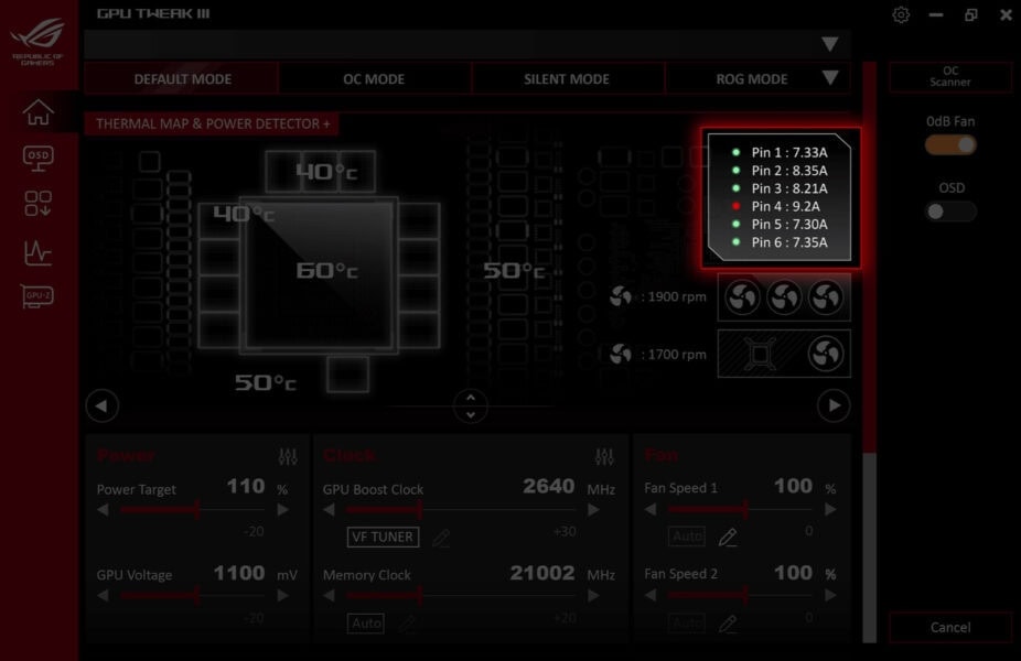 ROG Astral GeForce RTX™ 5090 32GB GDDR7 WHITE OC Edition GPU sıcaklık izleme ekranı, ROG GPU Tweak III yazılımında pin durumu ve genel ekran görüntüsü. Oyun ve grafik performansını optimize etmek için kullanılan ekran arayüzü.