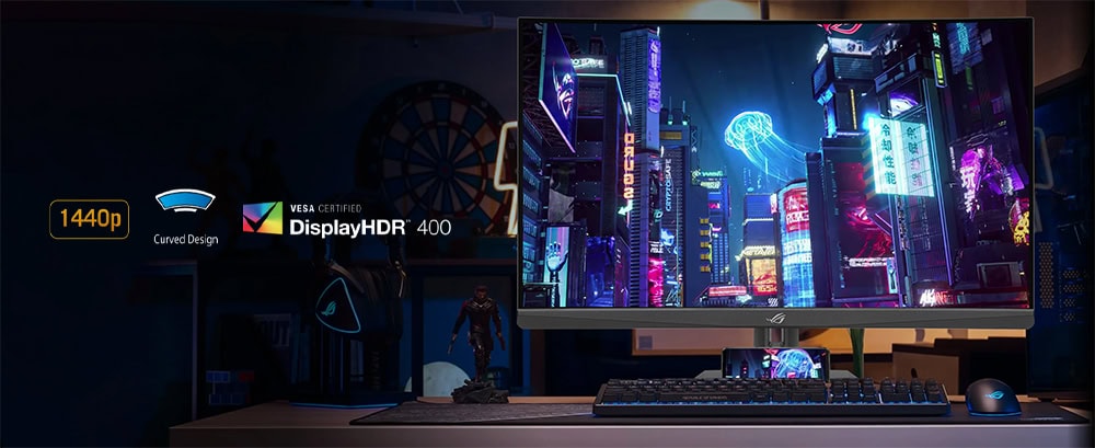 ROG Strix XG32WCS Yüksek çözünürlüklü oyun monitörü, 1440p çözünürlük, eğimli tasarım ve DisplayHDR 400 sertifikasıyla oyun deneyimini en üst seviyeye çıkaran teknolojik ekran.