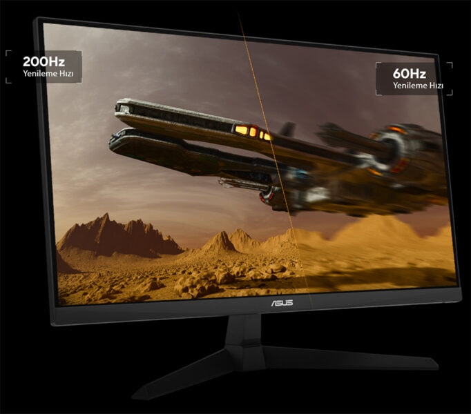 TUF Gaming VG257Q5A Yüksek yenileme hızına sahip ASUS oyun monitörü, 200Hz ve 60Hz hız seçenekleriyle detaylı ve akıcı grafikler sağlar, uzay ve savaş temalı yüksek kaliteli oyun deneyimi için ideal.