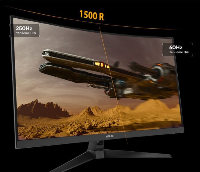 TUF Gaming VG32VQM5B Düşük gecikmeli yüksek hızlı oyun monitörü, 1500 R eğrilik ve 250Hz yenileme hızı, mükemmel oyun performansı ve yüksek çözünürlük, oyuncular için ideal.