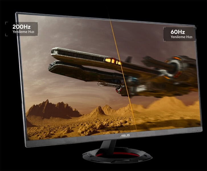 TUF Gaming VG249Q5R Yüksek yenileme hızına sahip ASUS oyun monitörü, 200Hz ve 60Hz arasındaki farkları göstererek yüksek performans ve akıcı görüntü sağlar. E-spor ve yüksek hızlı oyun deneyimleri için ideal, gelişmiş ekran teknolojisiyle öne çıkıyor.