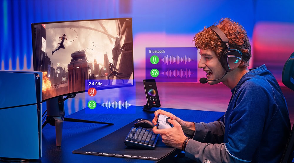 Yüksek çözünürlüklü bilgisayar ve oyun konsolu ile e-spor oyuncusu, online oyun ve iletişim, yüksek performanslı gaming set-up, gerçek zamanlı ses ve görüntü aktarımı, oyun deneyimi.