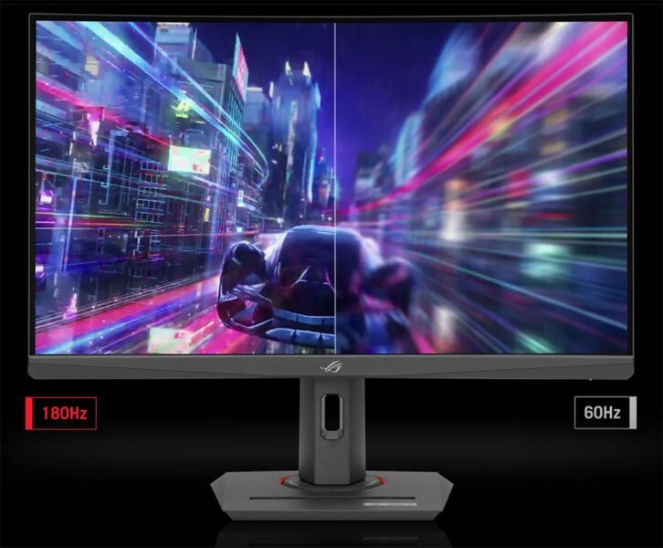 ROG Strix XG32WCS Yüksek yenileme hızına sahip oyuncu monitörü, ışıklı şehir manzarası ve renkli hız grafikleri ile hızlı hareketleri net ve akıcı gösterir.