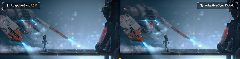 TUF Gaming VG257Q5A Savaş temalı robot ve uzay savaş gemisiyla bilim kurgu video oyunu sahnesi, yüksek grafik kalitesi ve detaylı tasarımla etkileyici bir görsel.