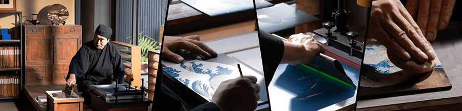 El sanatları ile yapılan geleneksel Japon serigrafi sanatının detaylı fotoğrafı, el ustalığı ve yüksek kalite, sanat ve el yapımı ürünler anahtar kelimeleri ile optimize edilmiştir.