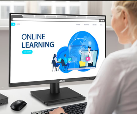 Çevrimiçi eğitim ve uzaktan eğitim platformu, bilgisayar ekranında online öğrenme içeriği gösteriliyor.