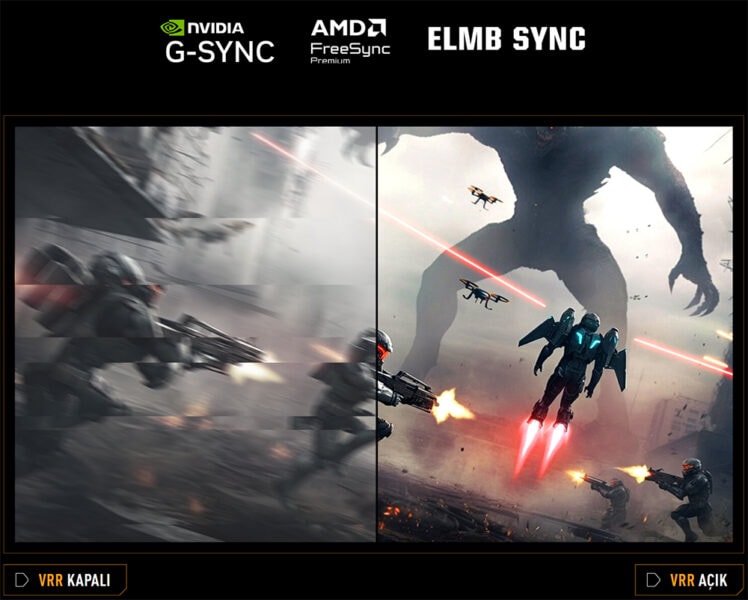 TUF Gaming VG259QMRL5A Yüksek yenileme hızına sahip ekran görüntüsü, NVIDIA G-SYNC ve AMD FreeSync teknolojilerini karşılaştırıyor, sol taraf kapalı, sağ taraf açık, hızlı savaş ve düşman saldırıları içeren aksiyon dolu sahne.