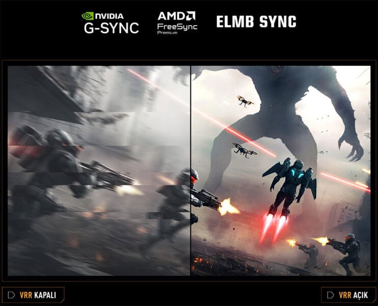 TUF Gaming VG27AQM5A Yüksek hızlı savaş sahneleri, FPS oyunlarının grafik ve performans karşılaştırması, VRR teknolojisinin etkisi, NVIDIA G-SYNC, AMD FreeSync ve ELMB Sync uyumlu monitörler.
