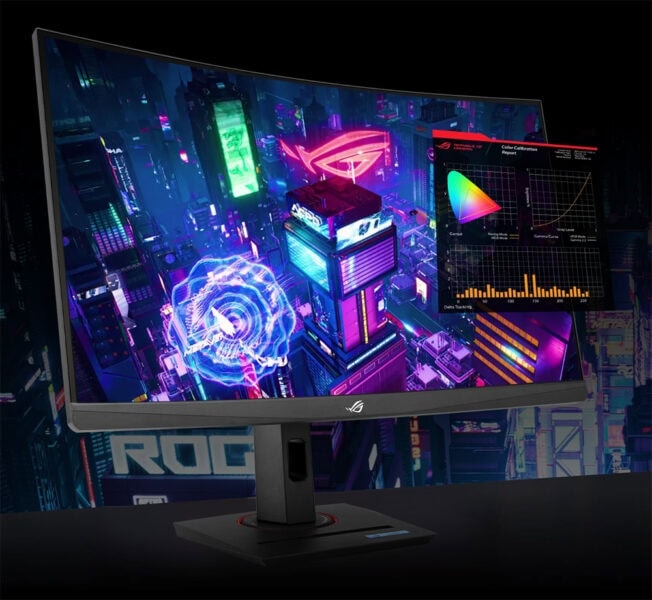 ROG Strix XG32WCS Yüksek çözünürlüklü bilgisayar oyun monitörü, neon ışıklı futuristik şehir manzarası, renkli grafikler ve gelişmiş renk analizleri gösteriliyor.
