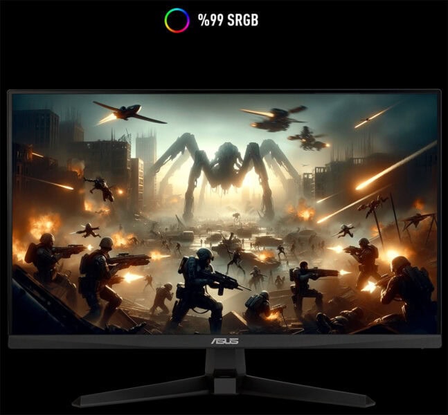 TUF Gaming VG249Q5A Yapay zeka savaş oyunu grafikleriyle büyük çatışma sahnesi, robot ve savaşçıların çatışması, futuristik şehir yıkımı ve yüksek tempolu savaş sahnesi, 4K gaming monitör görüntüsü.