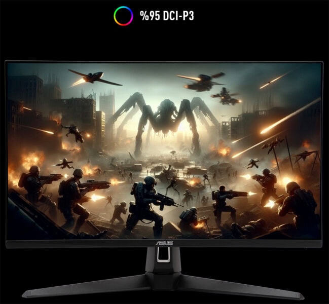 TUF Gaming VG27AQM5A Yüksek kaliteli oyun monitörü, savaşçı askerler ve uzaylı yaratıkların yer aldığı fantastik dövüş sahnesi, profesyonel oyun deneyimi için en iyi seçim.