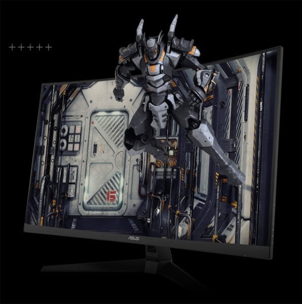 TUF Gaming VG32VQM5B Yüksek çözünürlüklü bilgisayar monitörü üzerinde savaşmalarını yapan robot savaşçı, oyun performansı ve detaylı ekran görüntüsü, en iyi oyun deneyimi için ideal seçim.