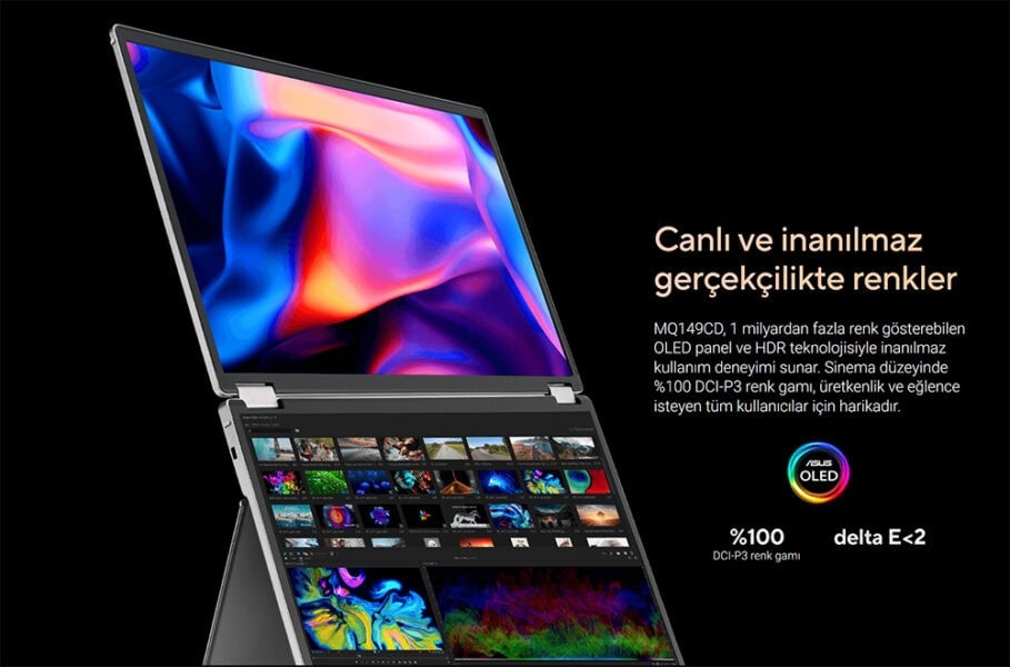 ZenScreen Duo OLED MQ149CD Gerçekçi renkler ve yüksek çözünürlüklü ekran teknolojisiyle donatılmış Asus OLED dizüstü bilgisayar, oyun ve video içerikleri için mükemmel görüntü kalitesi sağlar.