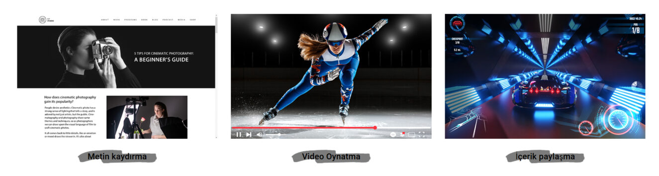 BE27AQG Fotoğraf ve video içeriğiyle ilgili görseller, oyunlar, spor ve içerik paylaşımı, metin düzenleme, video oynatma ve görsel paylaşımı aşamalarını temsil etmektedir.