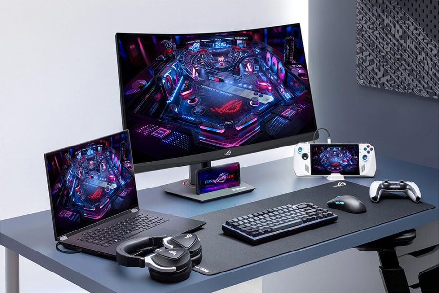 ROG Strix XG32WCS Yüksek çözünürlüklü gaming dizüstü ve masaüstü bilgisayar, monitör ve oyun aksesuarları, RGB aydınlatmalı klavye, yarışma mouse ve oyun kulaklığı ile profesyonel oyun kurulumları.