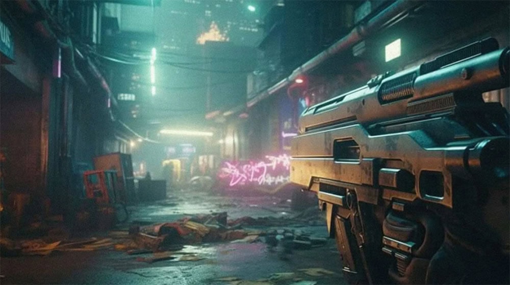 TUF Gaming VG259QMRL5A Yapay zeka tarafından oluşturulan bu görüntüde, neon ışıklarla aydınlatılmış fütüristik bir şehir sokakları yer almakta, detaylı ve teknolojik silahlar ile dolu savaş alanı atmosferi hakim.