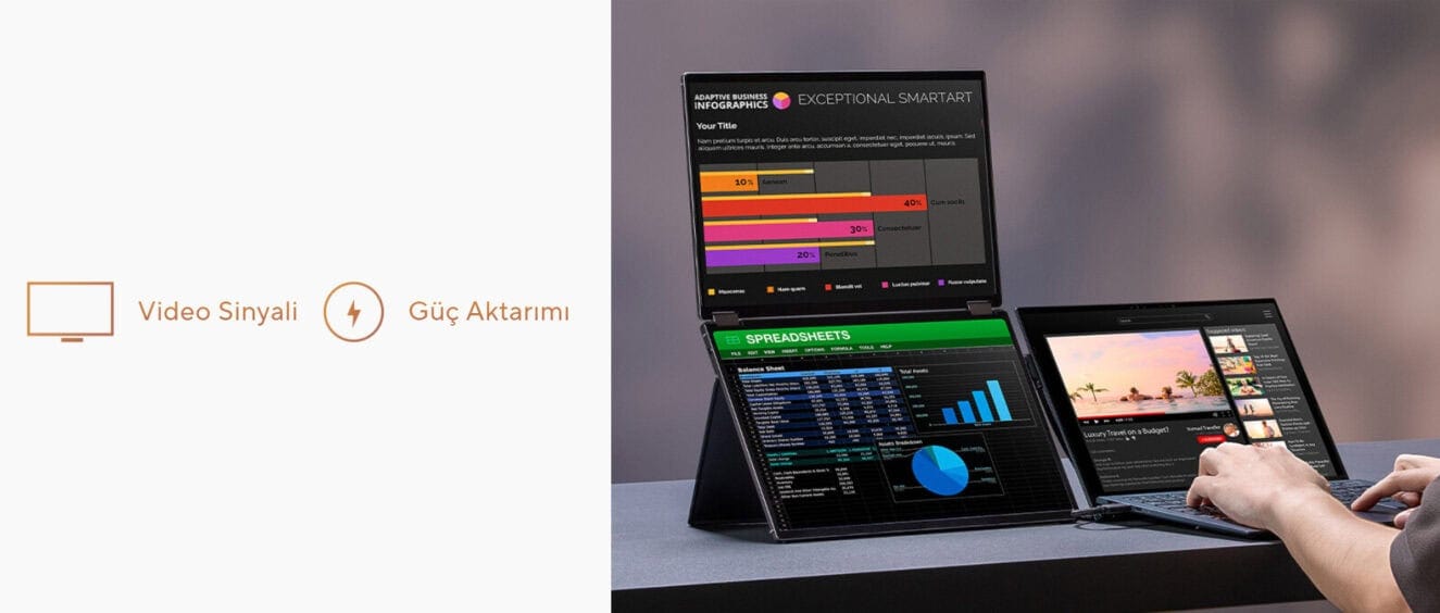 ZenScreen Duo OLED MQ149CD Yüksek teknolojili çoklu ekranlı dizüstü bilgisayar ve tablet kullanımı, grafik ve veri analizi, video ve medya içeriklerine erişim, güçlü ve taşınabilir dizüstü bilgisayar çözümleri.