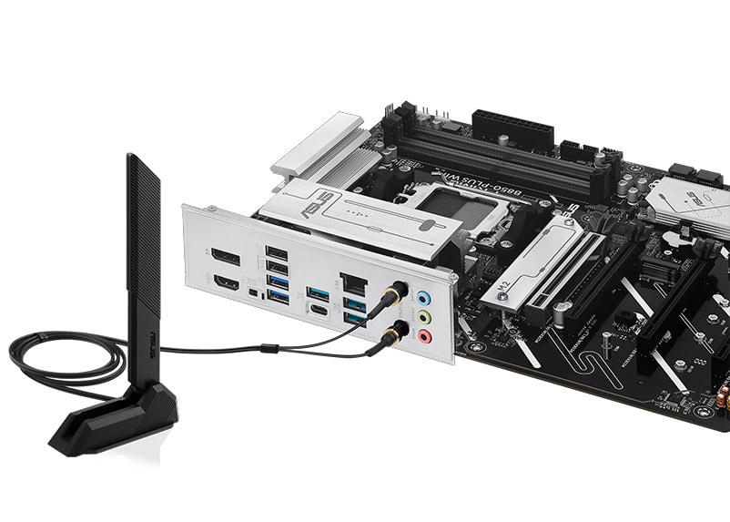 PRIME B850-PLUS WIFI Yüksek performanslı bilgisayar anakartı ve kablosuz Wi-Fi anteni ile turnuva seviyesi oyun deneyimi için en uygun gaming donanımı görüntüsü.