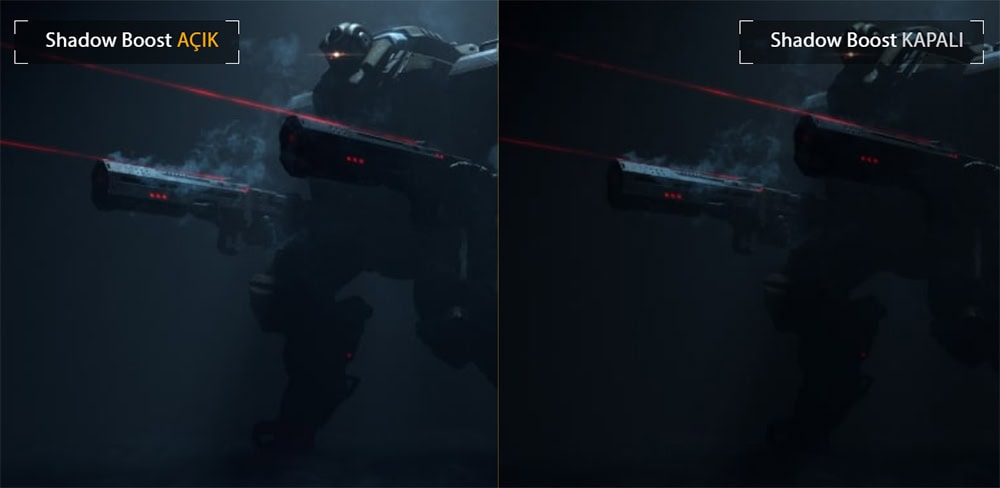 TUF Gaming VG32VQM5B Yüzey altı ateş gücü ve stealth modu ile Shadow Boost özelliği, oyun içi görünürlüğü artırmaya veya gizlenmeye yardımcı olur.