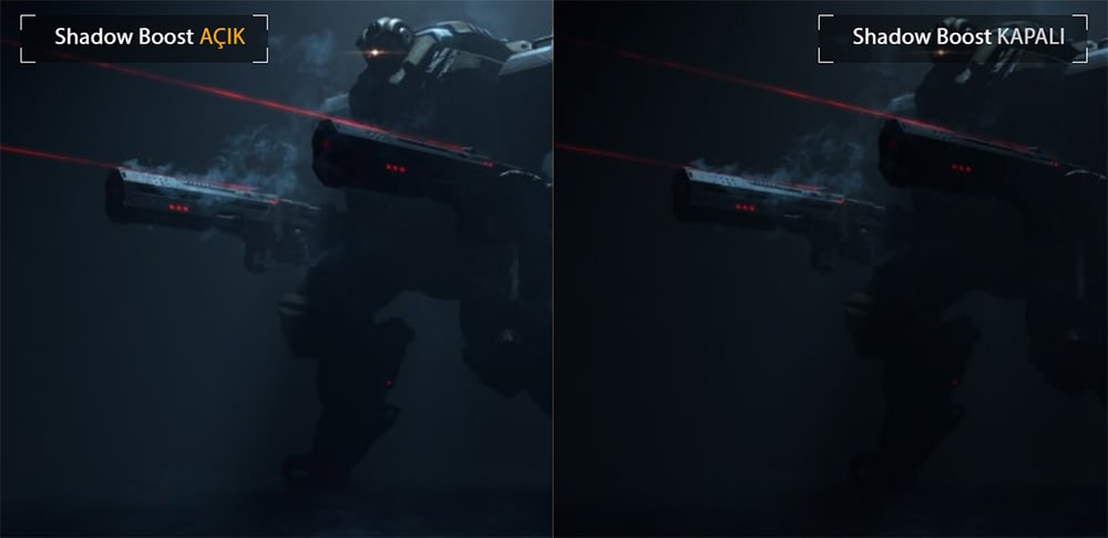 Görüntüde, bir nişancı oyunu olan Call of Duty'de Gizlilik Ortağı'nı optimize etmek için Shadow Boost açık ve kapalı modlar arasındaki farklar gösteriliyor. Bu görsel, oyun performansını artırmak ve görsel kaliteyi optimize etmek isteyen oyuncular için faydalıdır. Ayrıca, oyun içi grafik ayarları ve performans iyileştirme özelliklerini anlamak için önemli bilgiler içeriyor. Görsel, oyuncuların oyun deneyimini geliştirmelerine yardım etmeyi amaçlayan detaylı görsel anlatım sunuyor.