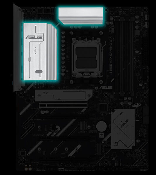 B650E MAX GAMING WIFI Yüksek çözünürlüklü ASUS anakart üzerinde oyun ve performans odaklı bileşenler, gelişmiş soğutma ve yüksek hızlara ulaşabilen bellek yuvaları bulunuyor.