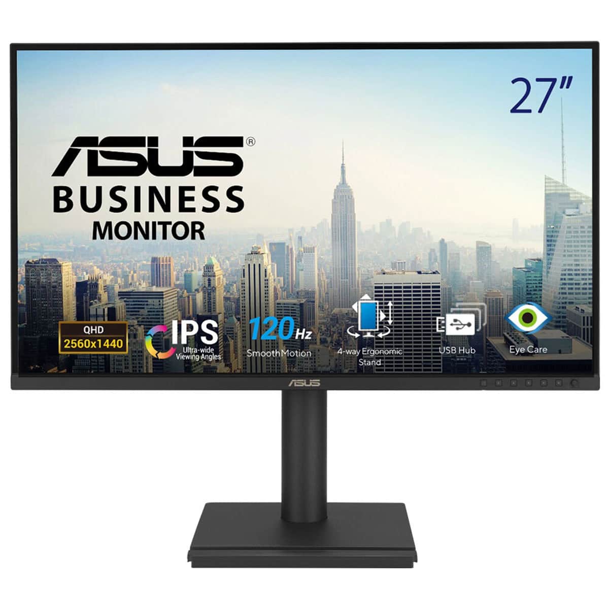 Yüksek çözünürlüklü ASUS Business Monitör, 27 inç QHD ekran, geniş görüş açıları, ergonomik stand ve USB bağlantı özellikleriyle ofis ve grafik tasarım için ideal.
