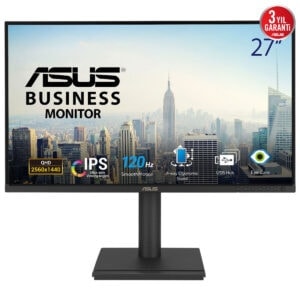 Yüksek çözünürlüklü ASUS BUSINESS monitör, 2560x1440 QHD ekran, 27 inç büyüklükte, IPS panel ve 120Hz tazeleme hızı ile geniş görüş açıları ve pürüzsüz görüntü kalitesi sağlar.