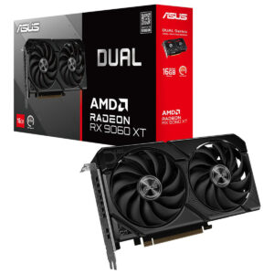 Gelişmiş ASUS AMD Radeon RX 9060 XT ekran kartı, çift fanlı soğutma tasarımı ve 16GB GDDR6 belleği ile yüksek performanslı oyun ve grafik işlemleri için ideal.