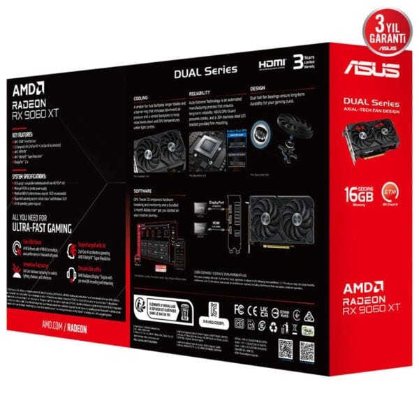 Yüksek performanslı AMD Radeon RX 9060 XT ekran kartı, oyun ve grafik tasarım için optimal güç ve hız sağlar, gelişmiş soğutma ve dayanıklı tasarım özellikleriyle üstün performans sunar.