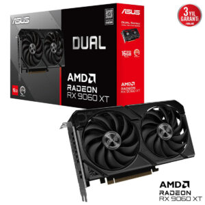 Görüntülerin AMD Radeon RX 9060 XT ekran kartını ve kutusunu gösterdiği yüksek çözünürlüklü yeni nesil grafik kartı, oyun ve tasarım performansı için ideal, yenilikçi soğutma teknolojisi ile donatılmıştır.