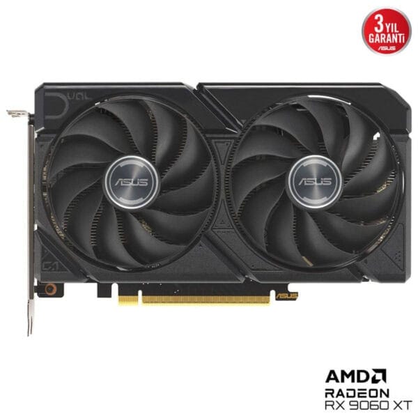 Yüksek performanslı ASUS AMD Radeon RX 9060 XT ekran kartı, çift fanlı soğutma sistemi ve üstün grafik performansı ile oyun ve içerik üretimine uygun.