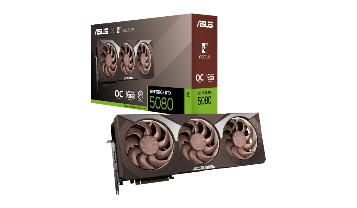 ASUS Noctua ile uyumlu RTX 5080 ekran kartı, soğutucu ve yüksek performanslı grafik kartı, oyun ve profesyonel kullanım için ideal, 16GB bellek kapasitesi, güç ve dayanıklılık sağlıyor.