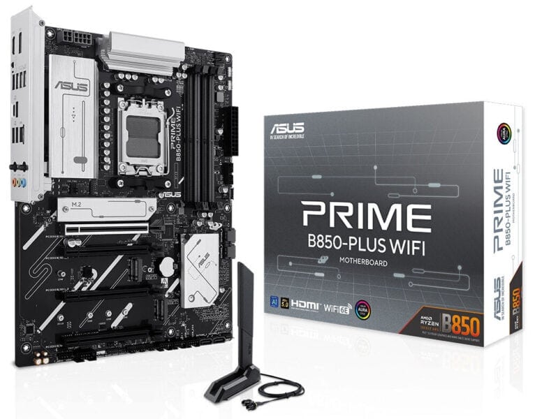 PRIME B850-PLUS WIFI Yüksek performanslı ASUS PRIME B850-PLUS Wi-Fi anakart ve anteni; oyun ve yoğun bilgisayar kullanımı için ideal, mükemmel bağlantı ve hız sağlar.