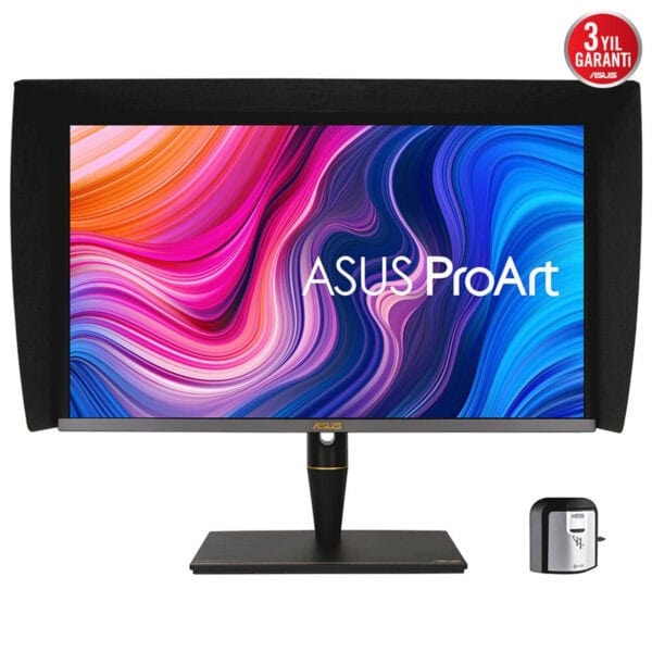 Görüntüde ASUS ProArt monitör ve yazıcı yer alıyor, profesyonel tasarım ve grafik işleri için ideal, yüksek kaliteli ekran ve ofis ekipmanları, oyun ve görsel içerik üretimi için uygun.
