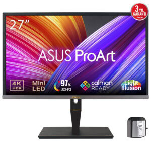 27 inç ASUS ProArt monitör, 4K HDR, Mini LED ekran ve DCI-P3 renk gamı ile yüksek renk doğruluğu sağlayan profesyonel grafik ve fotoğraf düzenleme monitörü.