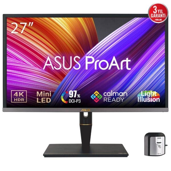 27 inç ASUS ProArt monitör, 4K HDR, Mini LED ekran ve DCI-P3 renk gamı ile yüksek renk doğruluğu sağlayan profesyonel grafik ve fotoğraf düzenleme monitörü.