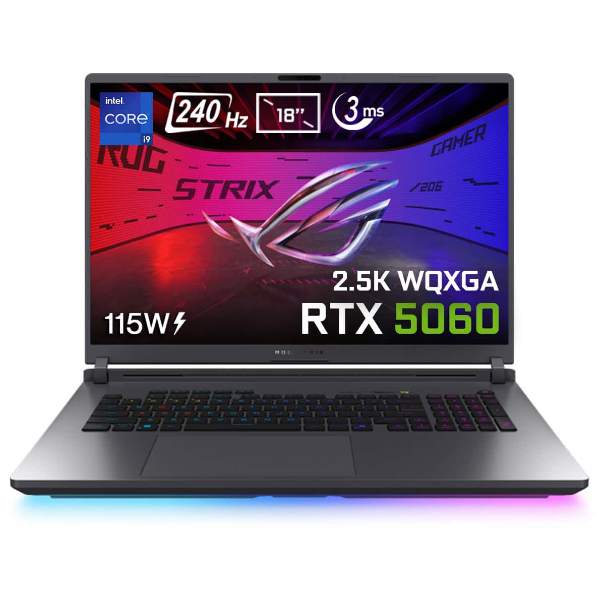 307 karakterlik alt metin. Bu görsel, NVIDIA RTX 5060 ekran kartı, 18 inç ekran, 240Hz yenileme hızı ve RGB klavye ile donatılmış profesyonel oyun bilgisayarını sergilemektedir. Güçlü özellikleriyle yüksek FPS ve düşük gecikme sağlayan bu dizüstü bilgisayar, oyun tutkunları için ideal seçimdir. Ayrıca 115W güç tüketimi ve etkileyici tasarımıyla öne çıkar.