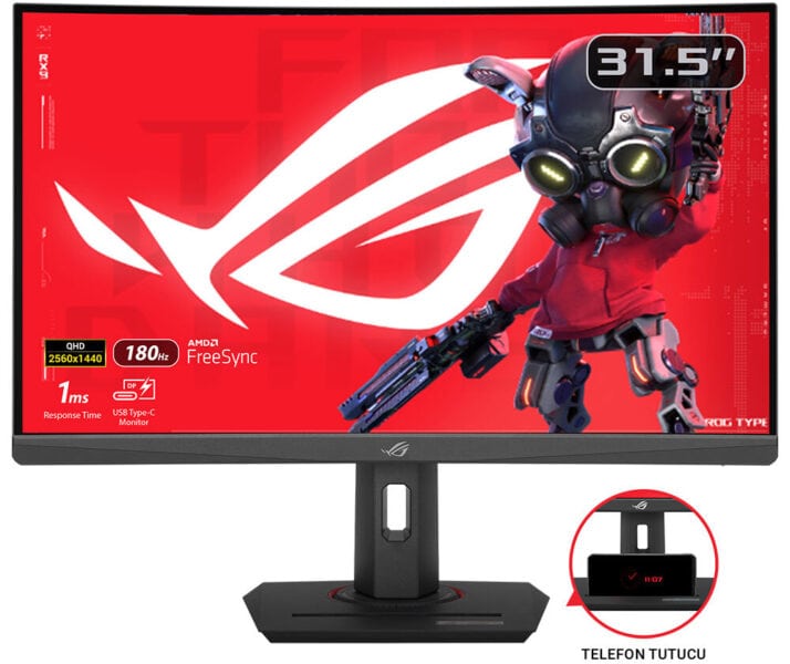 ROG Strix XG32WCS Ultramark Gaming Monitör 31.5", 2560x1440 çözünürlük, 180Hz yenileme hızı, AMD FreeSync, düşük response time, telefon tutucu özelliği ile yüksek performanslı oyun deneyimi.