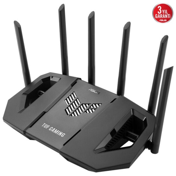 Yüksek bağlantı hızına sahip ASUS TUF Gaming Wi-Fi yönlendirici, 6 antenli güçlü sinyal ve stabil internet için ideal gaming performansı sağlar.