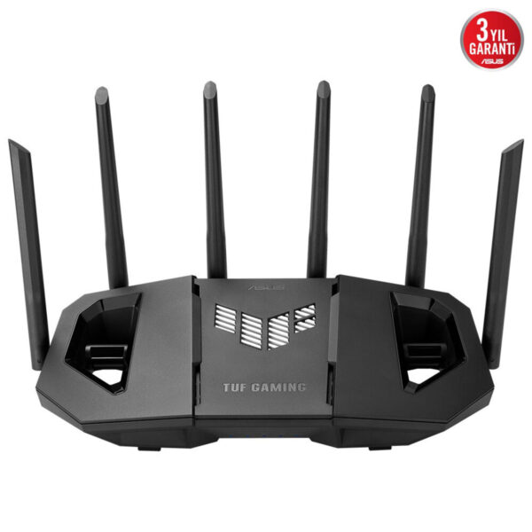 Yüksek performanslı ASUS TUF Gaming yönlendirici, güçlü Wi-Fi 6 teknolojisi ve 8 anten ile oyun ve çoklu cihaz kullanımı için optimize edilmiştir.