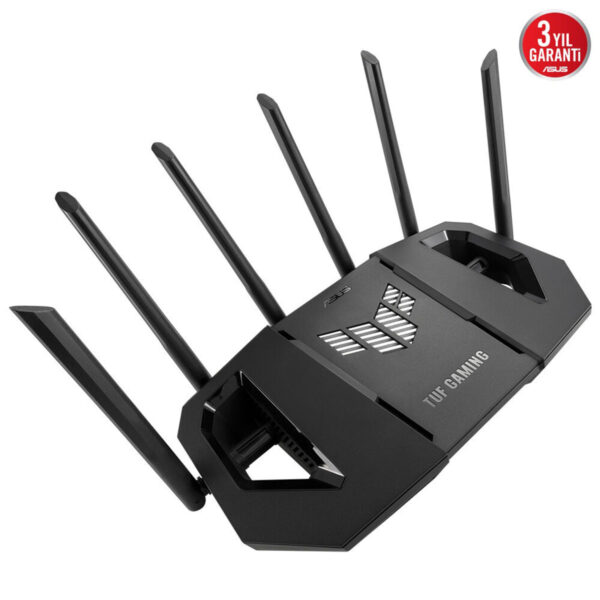 Yüksek hızlı ASUS TUF Gaming Wi-Fi 6 yönlendirici, 6 adet anten ile stabil ve güçlü internet bağlantısı sağlar, oyuncular ve yüksek performanslı kullanım için ideal.