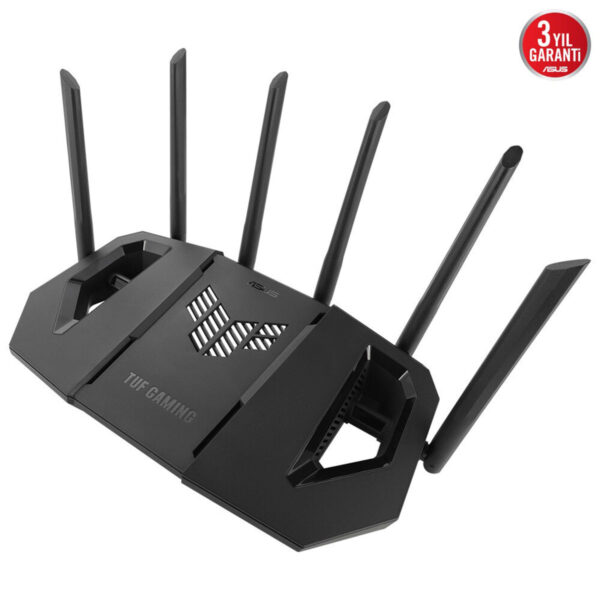 Yüksek performanslı ASUS TUF Gaming yönlendirici, 4 genişletilmiş anten ve hızlı bağlantı özellikleriyle ideal oyun ve internet deneyimi sağlar.