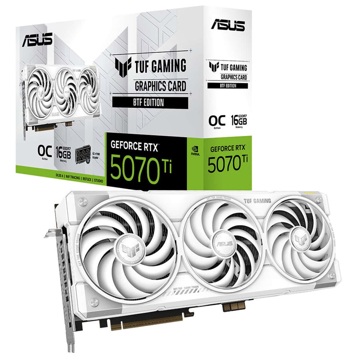 Yüksek performanslı ASUS TUF Gaming GeForce RTX 5070 Ti ekran kartı, beyaz tasarımı ve güçlü soğutma sistemi ile oyun ve grafik işlemleri için ideal.