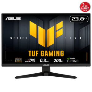 Yüksek yenileme hızına sahip ASUS TUF Gaming 23.8 inç Full HD IPS monitör, 0.3 ms tepki süresi, 200Hz yenileme hızı ve G-SYNC teknolojisi ile oyun deneyimini optimize eder.